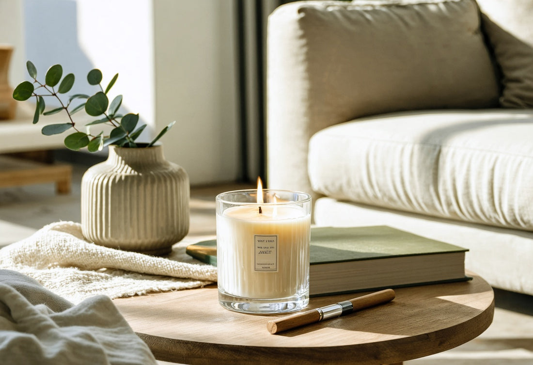 Handcrafted luxury candle burning in a sunlit living room, illustrating getting the most out of your candle
