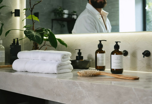 Luxury bathroom essentials highlighting beard oil benefits for a healthy, well-groomed beard and eco-friendly self-care