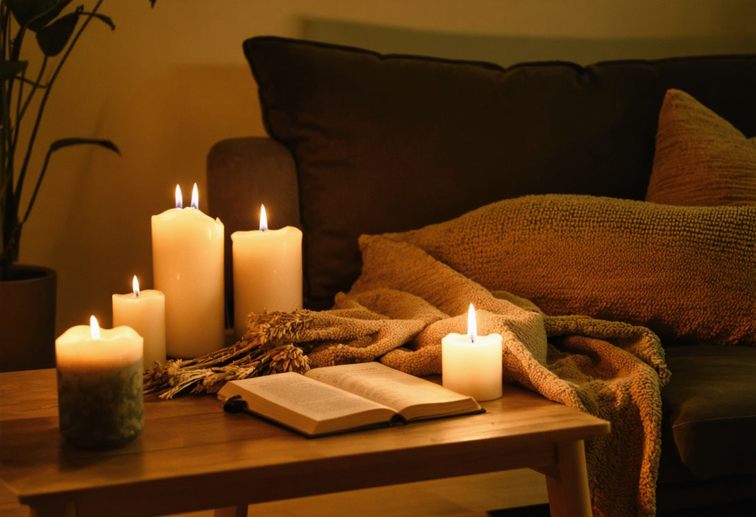 Cozy living room scene using candles as a form of relaxation with a book and soft blanket