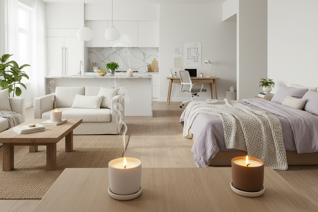 Cozy modern apartment styled with candles, illustrating the art of scent for every room atmosphere