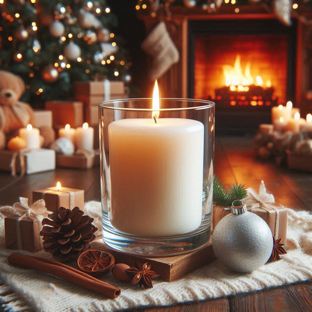 Candle in a glass holder on a table with Christmas decorations and a fireplace in the background