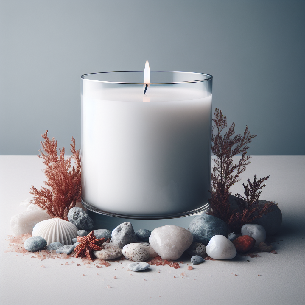 Candle in a glass holder with decorative stones and sea plants on a neutral background