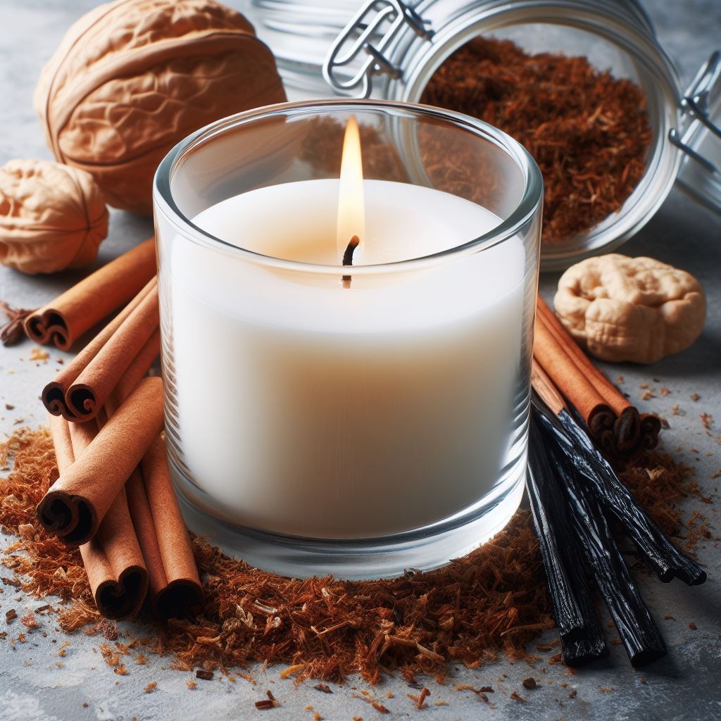 Candle with cinnamon sticks, vanilla beans, and walnuts on a textured surface