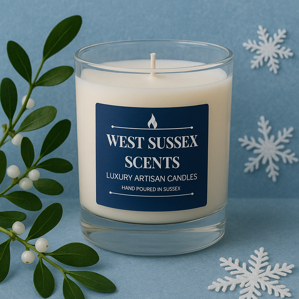 West Sussex Scents candle with decorative snowflakes and mistletoe on a blue background