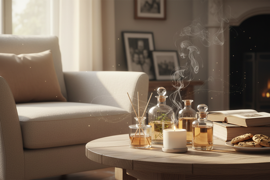 Scent memory: why fragrance triggers powerful emotions in a cozy living room with candles and perfume