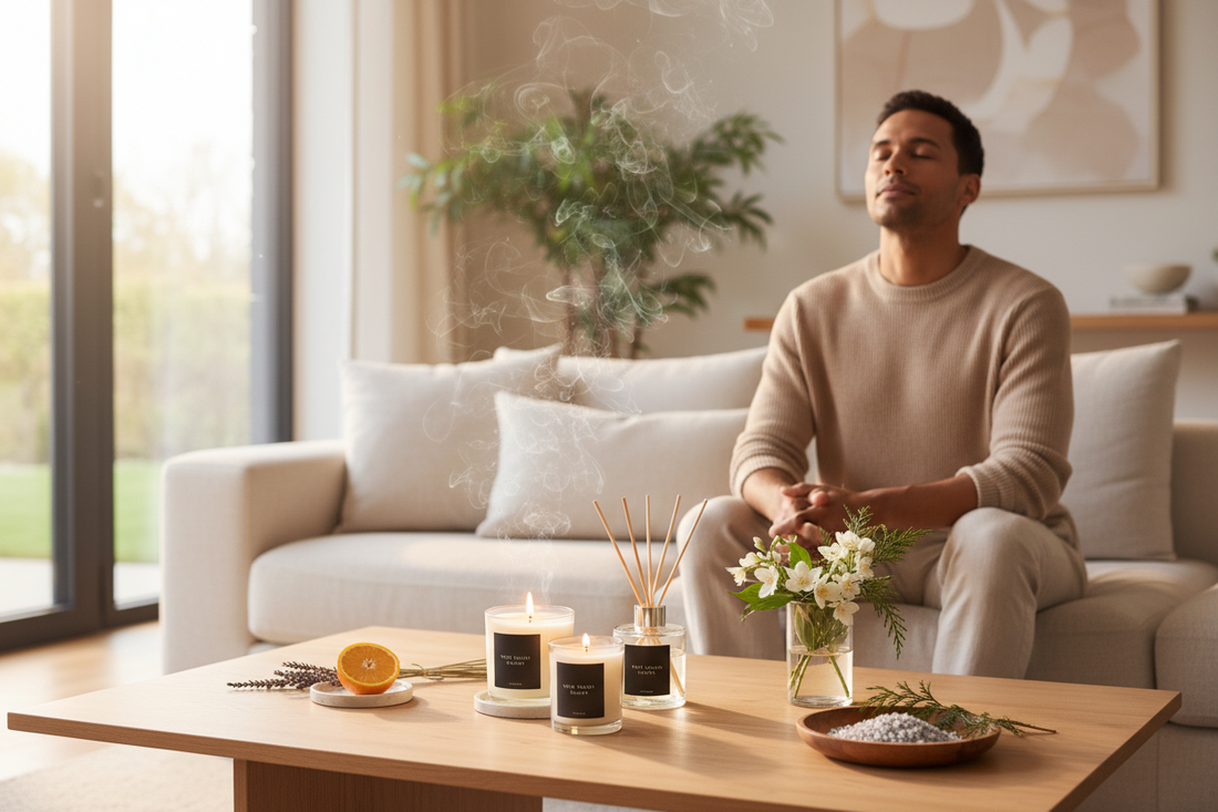 Relaxing at home with candles and flowers highlights the science of scent and its effect on mood and energy