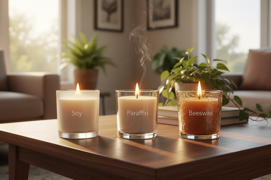 Soy vs. paraffin vs. beeswax candles on a cozy table, compare which candle wax is best for your home