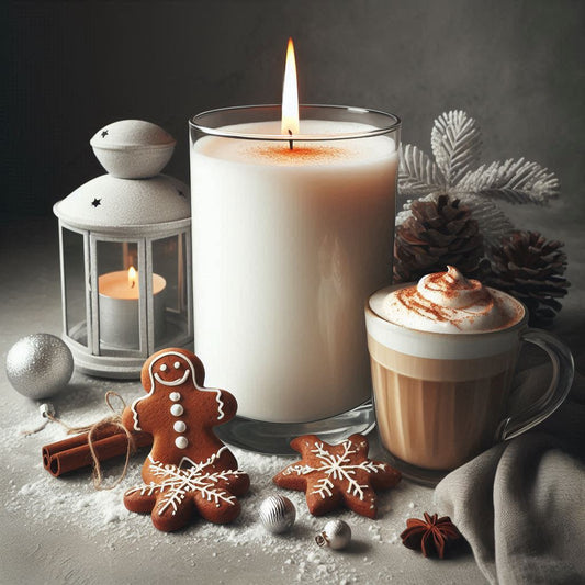 Candle, gingerbread cookies, and a cup of coffee on a dark surface