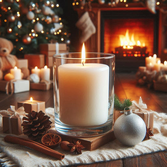 Candle in a glass holder on a table with Christmas decorations and a fireplace in the background