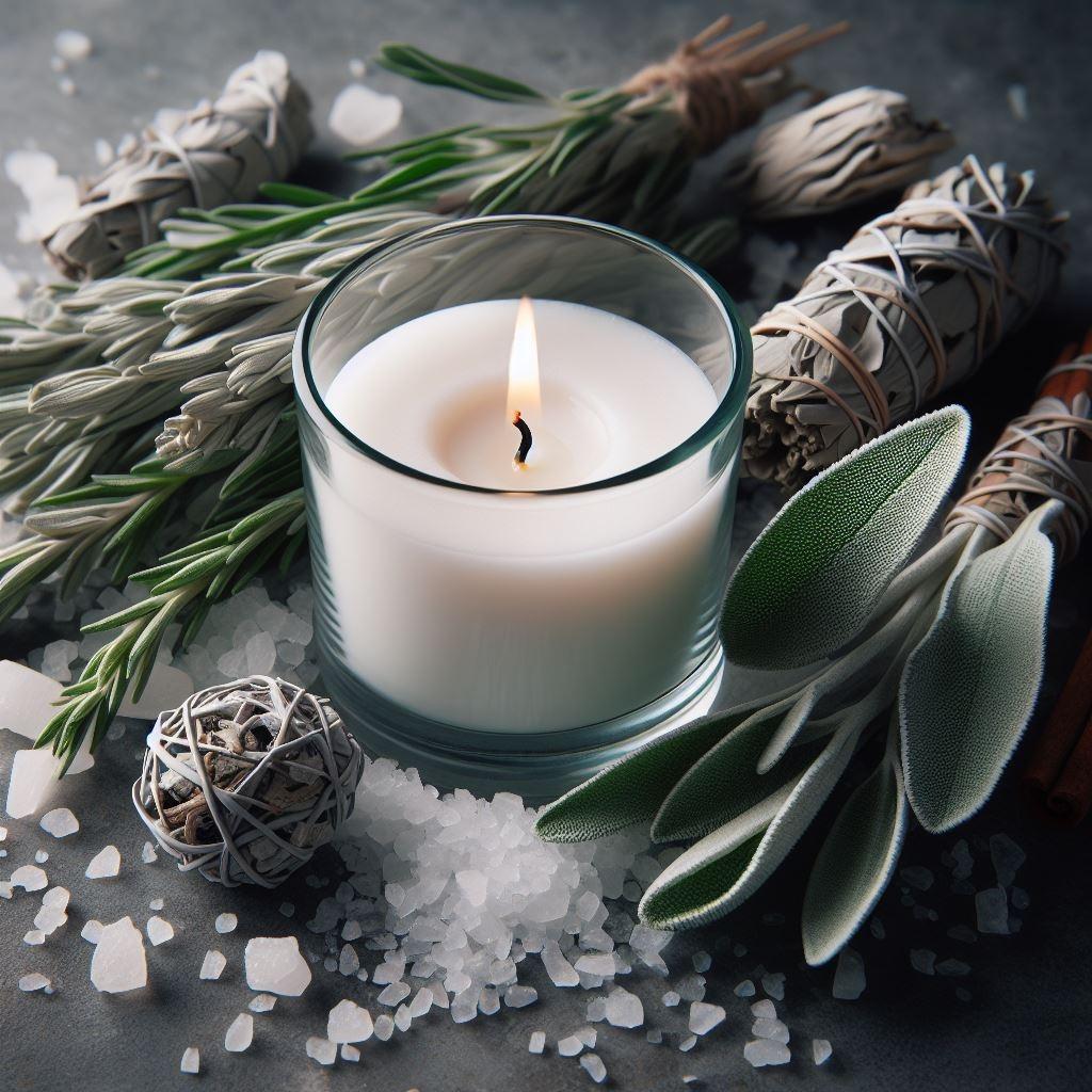 Candle in a glass holder surrounded by herbs and crystals on a dark surface