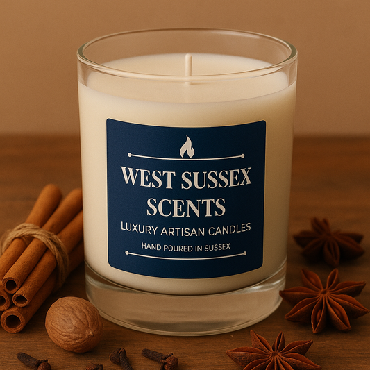 West Sussex Scents candle with cinnamon sticks and star anise on a wooden surface