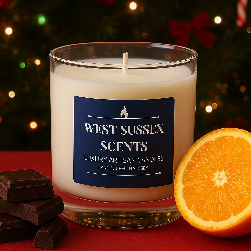 West Sussex Scents candle with an orange and chocolate on a red surface, Christmas tree in the background