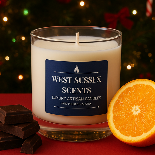 West Sussex Scents candle with an orange and chocolate on a red surface, Christmas tree in the background