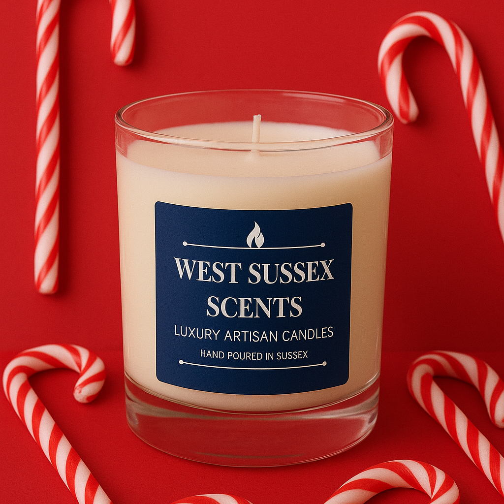 West Sussex Scents candle with candy canes on a red background